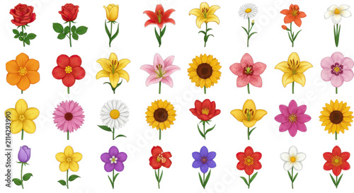 Colorful Botanical Collection of Blooming Garden Flowers and Floral Stems