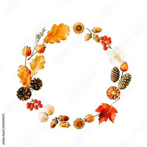 Autumn leaves and flowers wreath with natural elements on transparent background PNG