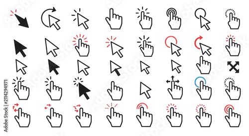 Mouse Cursor Pointers, Hand Click Gestures, and Web Interface Icons