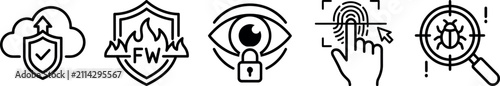 Modern Cybersecurity And Data Protection Concept With Cloud Computing Security Firewall Privacy Shield Biometric Scan And Malware Detection Icons