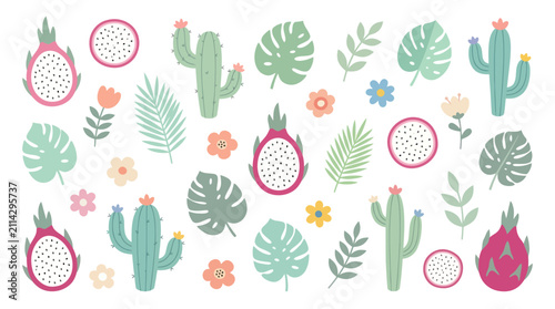 Tropical dragon fruit and cactus botanical pattern.