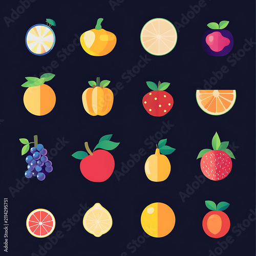 Flat vector illustration of fresh colorful fruits collection isolated on white background