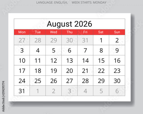 2026 august calendar. English monthly paper page on gray background. Vector layout with Monday start