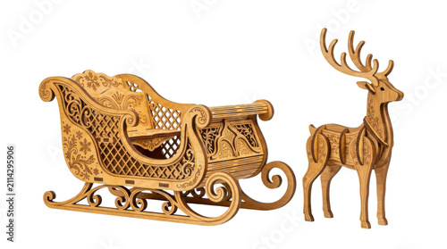 Wooden laser cut reindeer and sleigh christmas decoration isolated on transparent background