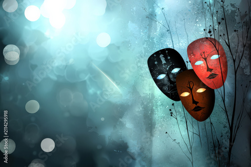 Mask abstract glowing cultural instrument teal red orange mask composition with branch silhouette and soft bokeh light, moody theatrical art