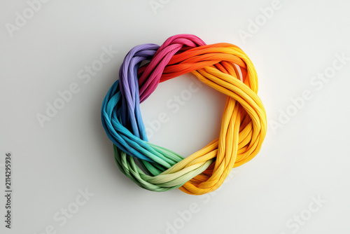 Rainbow ribbon loop abstract art colorful yarn circle intertwining on clean gray background with soft shadow