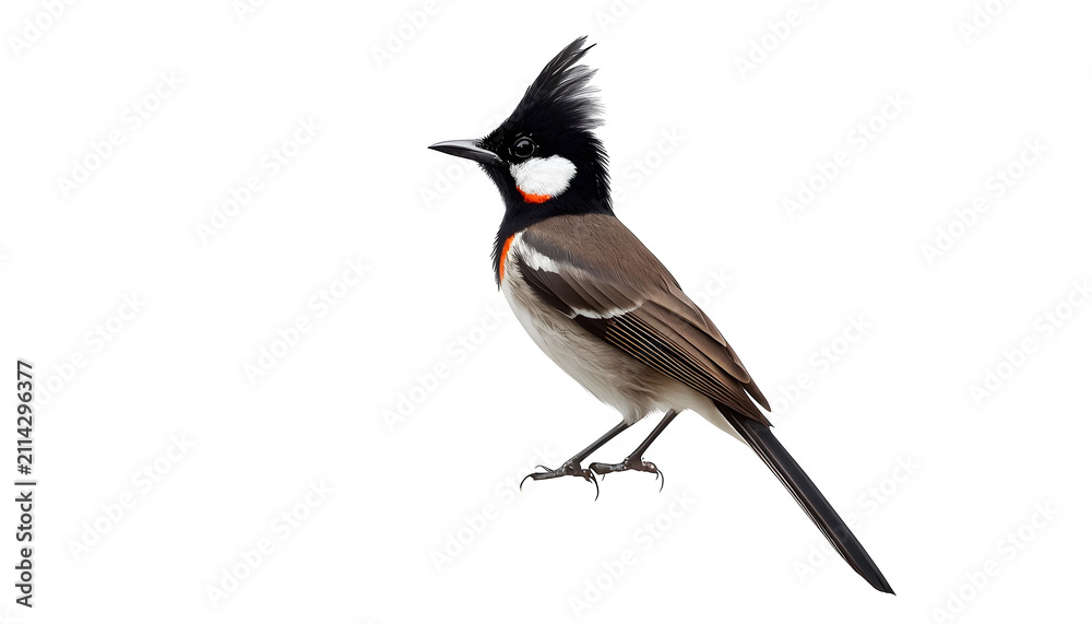 Fototapeta premium bulbul, bird, avian, creature, nature, wildlife, crested, songbird, animal, plumage, red, white, black, brown, isolated, portrait, fauna, feathers, beak, wings, perched, closeup.