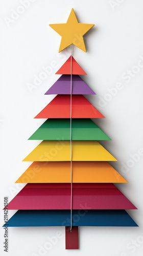 Star, holiday tree, rainbow, paper, geometric, decoration, colorful festive layered triangle craft on white background