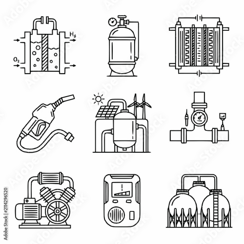 Set of technical line icons representing hydrogen fuel cell technology, industrial power systems, and renewable energy infrastructure processes
