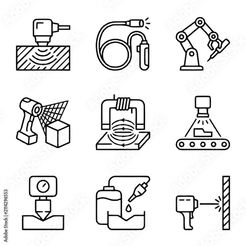 Set of NDT non destructive testing methods and equipment, line icons for industrial quality control. Inspection tools like ultrasonic, magnetic particle, eddy current, radiography
