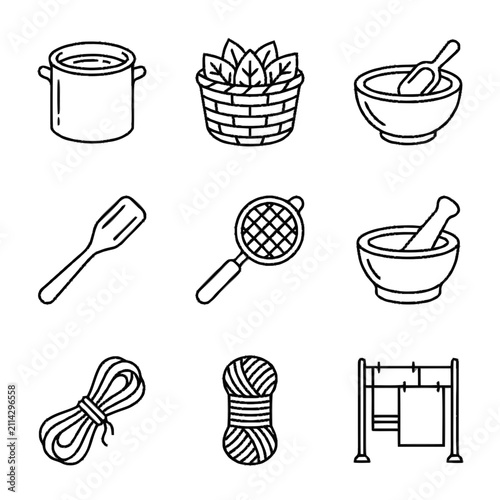 Set of Linear Kitchen and Household Icons Featuring Cooking Tools and Crafting Supplies for Home and Culinary Projects