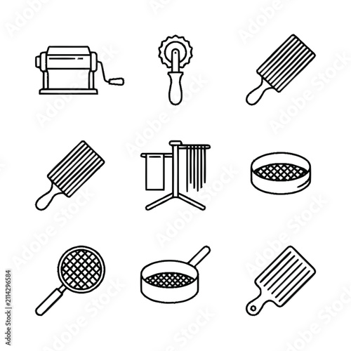 Vector set of outline icons for pasta making, including machine, cutter, gnocchi board, drying rack, sifter, and strainer, isolated on white background for culinary design and cooking themes