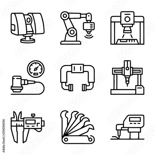 Set of Linear Industrial Equipment and Precision Measurement Tool Icons for Engineering and Manufacturing Processes