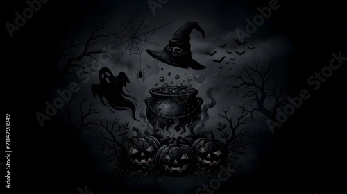 Dark and spooky halloween scene with cauldron and pumpkins