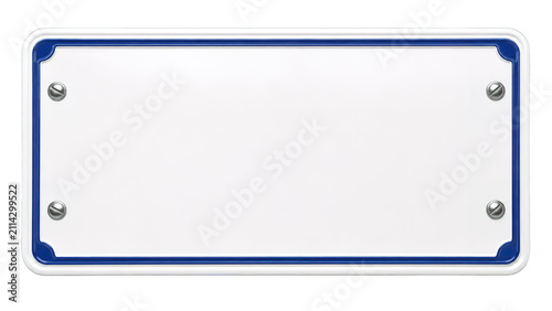 Blank White Metal License Plate with Blue Border and Four Bolts generative ai