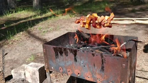 A wooden skewer with seasoned pieces of meat hangs over a fire.