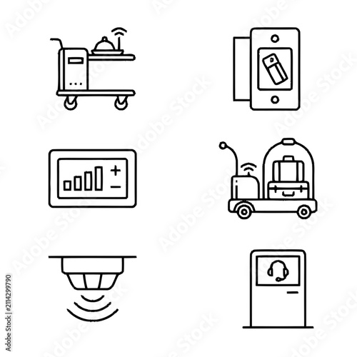 Set of linear icons representing smart hotel services, guest amenities, room automation, and hospitality management for editorial use