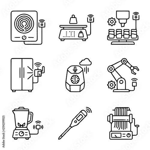 Set of Linear Icons Illustrating Internet of Things Connected Smart Home Appliances and Industrial Automation Equipment