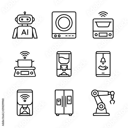 Set of linear icons representing smart home appliances, artificial intelligence, IoT automation, and robotic technology for editorial use
