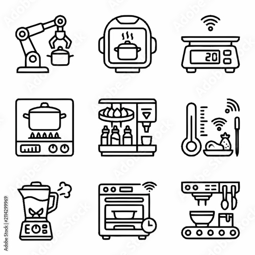 Set of Linear Icons Representing Smart Kitchen Appliances and Robotic Cooking Automation for Editorial Use Only