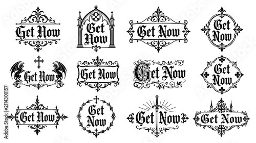 Set of twelve ornate gothic style frames with get now text for dark artistic composition.