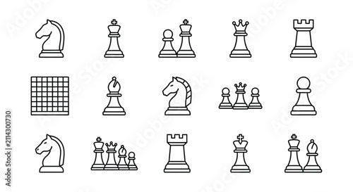 Photos Chess Pieces Line Icons Set Black Strokes On White Background Representing Strat