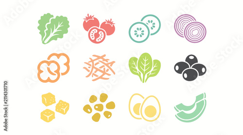 Variety of fresh healthy food icons.