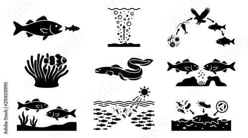 Fish and sea creatures silhouettes ocean.