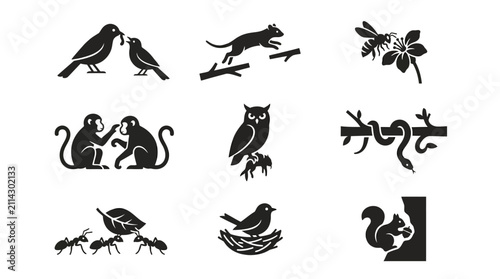 Black silhouettes of various wild animals.
