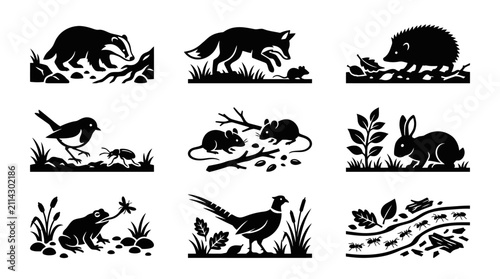 Black silhouettes of various woodland animals.