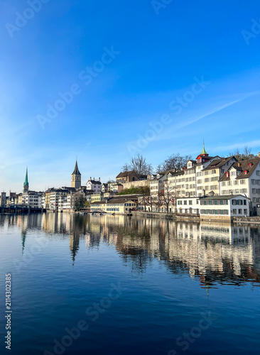 Canvas Print Zurich Old Town Waterfront Reflected in Limmat River, Switzerland