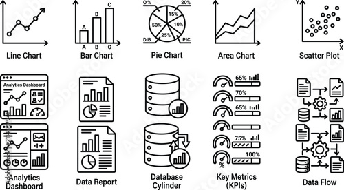 Data analysis and business intelligence icon set visualizing information for strategic decision making