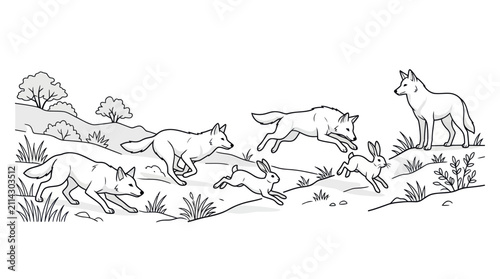 Obraz na płótnie Wolf pack hunting rabbit in nature line art.