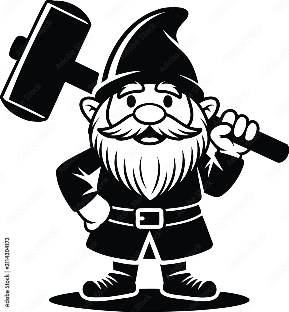 Obraz premium Cartoon garden gnome character holding a large hammer with a playful expression in hand