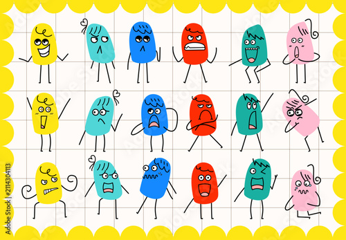Playful Cartoon Emoji Character Set with Diverse Facial Expressions and Emotions in Bright Colors