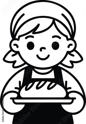 Cute illustration of a girl wearing an apron holding a loaf of bread on a tray