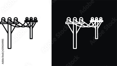 Linear of electrical utility poles with power lines connecting them in black and white styles for energy infrastructure