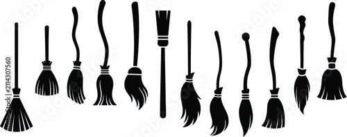 Obraz na płótnie Set of black silhouettes of various witch broomsticks for halloween design eleme