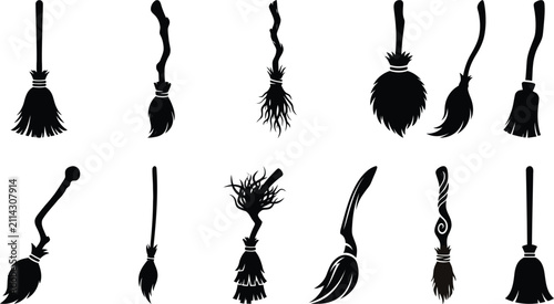 Obraz na płótnie Set of black silhouettes of witch broomsticks for halloween party design element