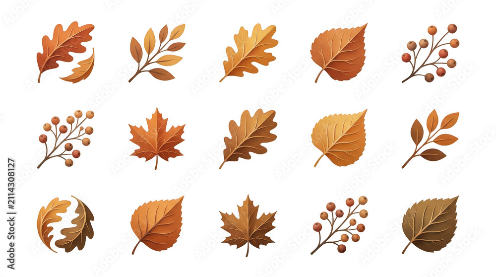Fototapeta premium Autumn leaves collection set. Seasonal foliage icons for fall design projects.