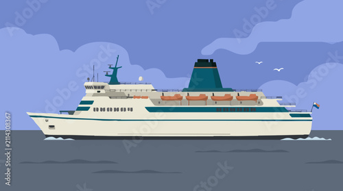 Bild auf Leinwand Passenger cruise ship sailing on the ocean with a cloudy sky illustration