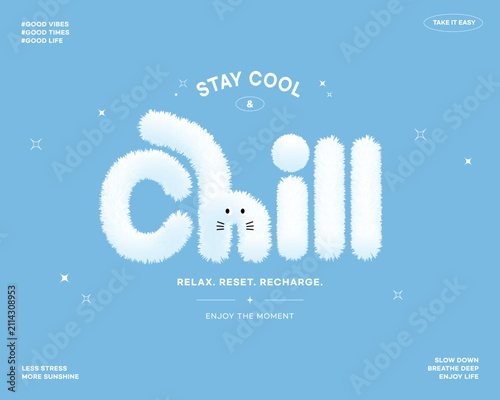 Cute fluffy cat typography with the word Chill on blue background