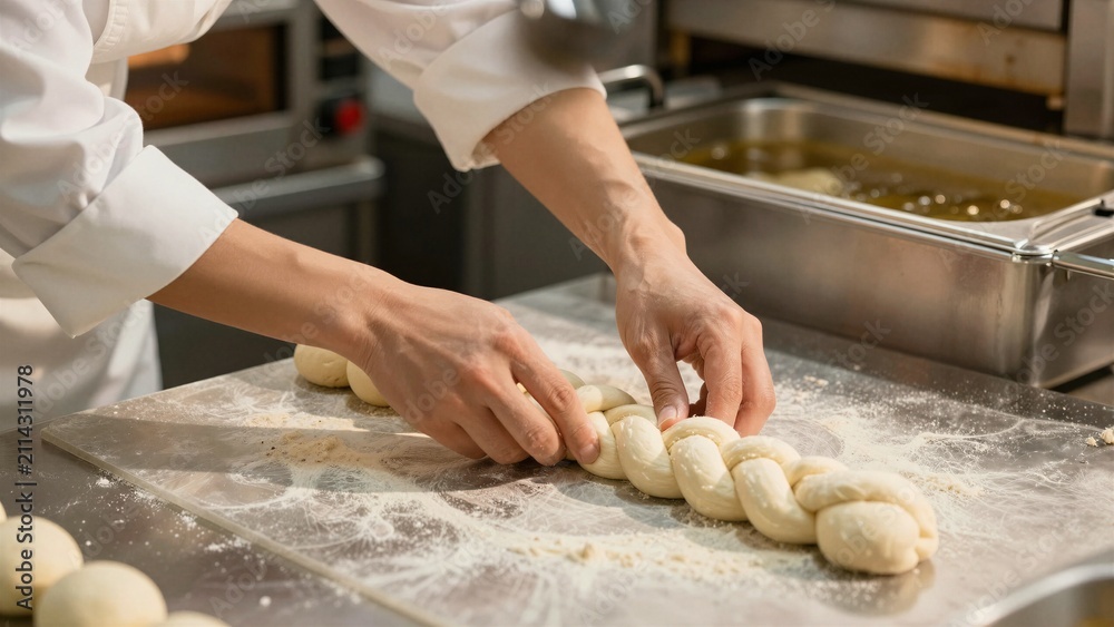 Fototapeta premium A skilled baker intricately braids soft yeast dough into a traditional challah loaf, dusted with flour on a professional kitchen's metallic surface.