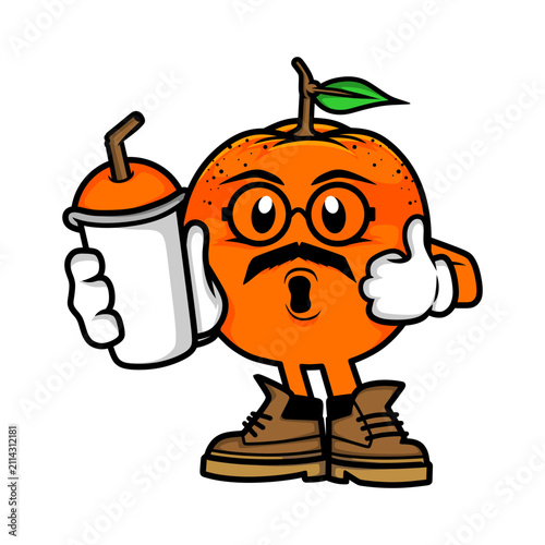Cartoon orange character holding a drink. Funny fruit mascot with glasses and mustache.