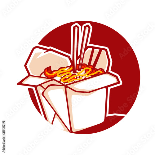 Chinese takeout box with noodles. Asian food delivery icon for restaurant branding.