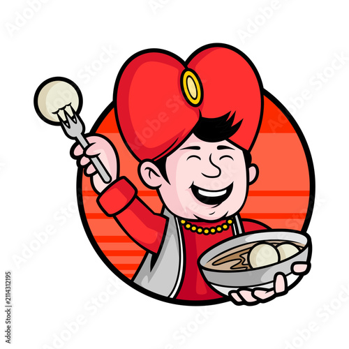 Indian man eating traditional dessert. Mascot character enjoying sweet rasgulla food.