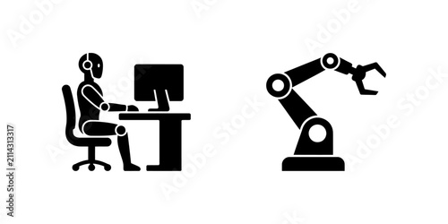 Obraz na plátne Black and white robot arm and humanoid working at desk illustration