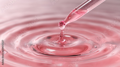 Pink cosmetic serum drop falling from a glass pipette into a liquid surface with ripples