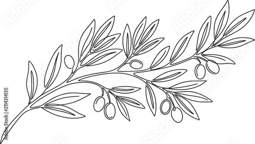 Minimalist continuous line drawing of olive branch with leaves and fruits symbolizing peace and prosperity