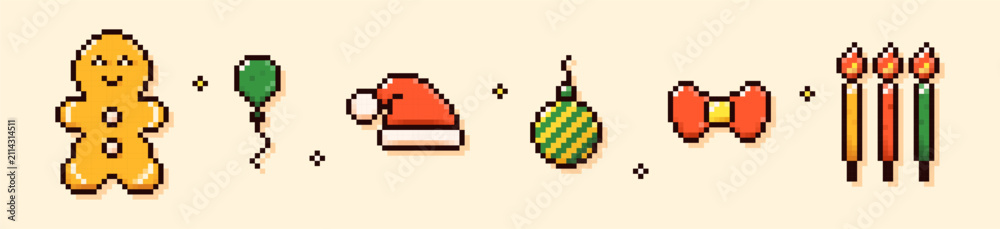 Fototapeta premium Pixel art Christmas elements. Gingerbread man, green balloon, Santa hat, bauble, red bow, candles.